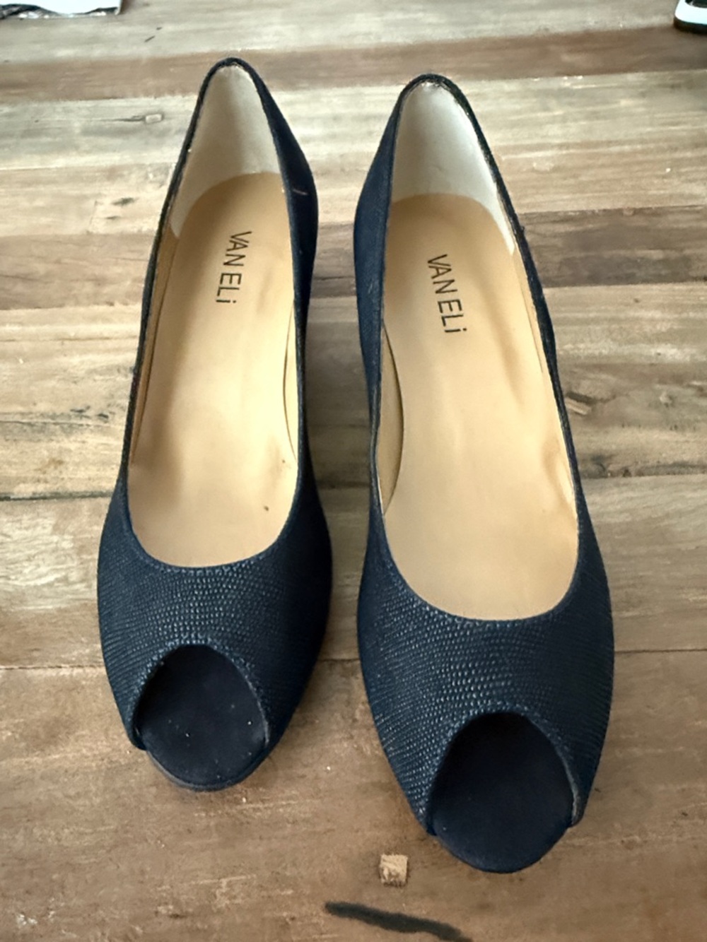 Vaneli Navy Textured Peep-Toe Pumps